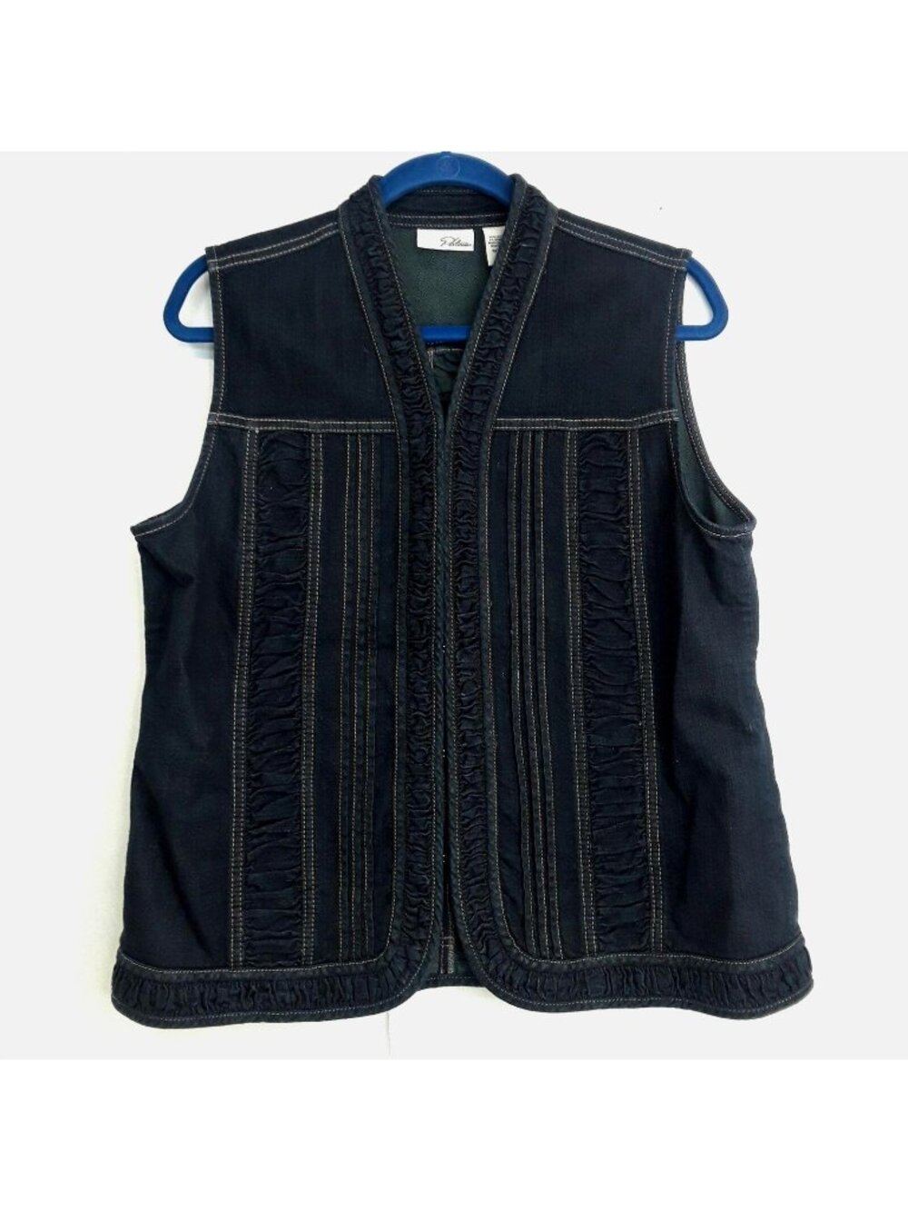 Chico's Platinum Denim Vest Size 2 Misses 12 Ruched Pleated Dark Wash Hook & Eye